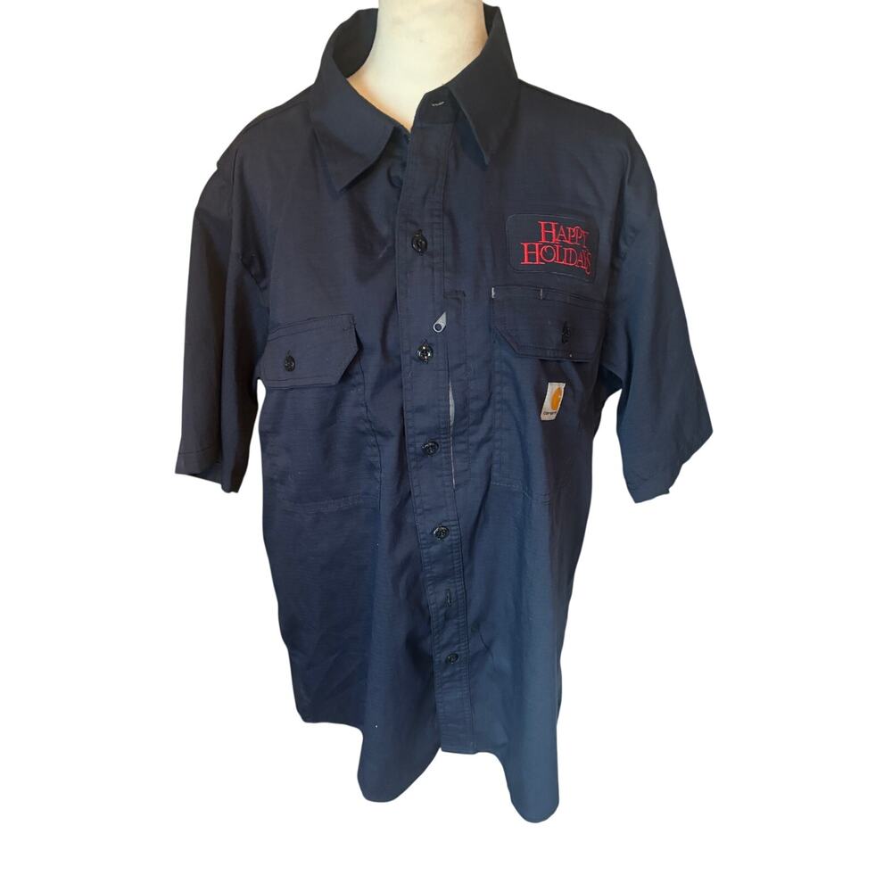Carhartt Men’s Navy Short Sleeve Work Shirt Happy Holidays Embroidered Uniform